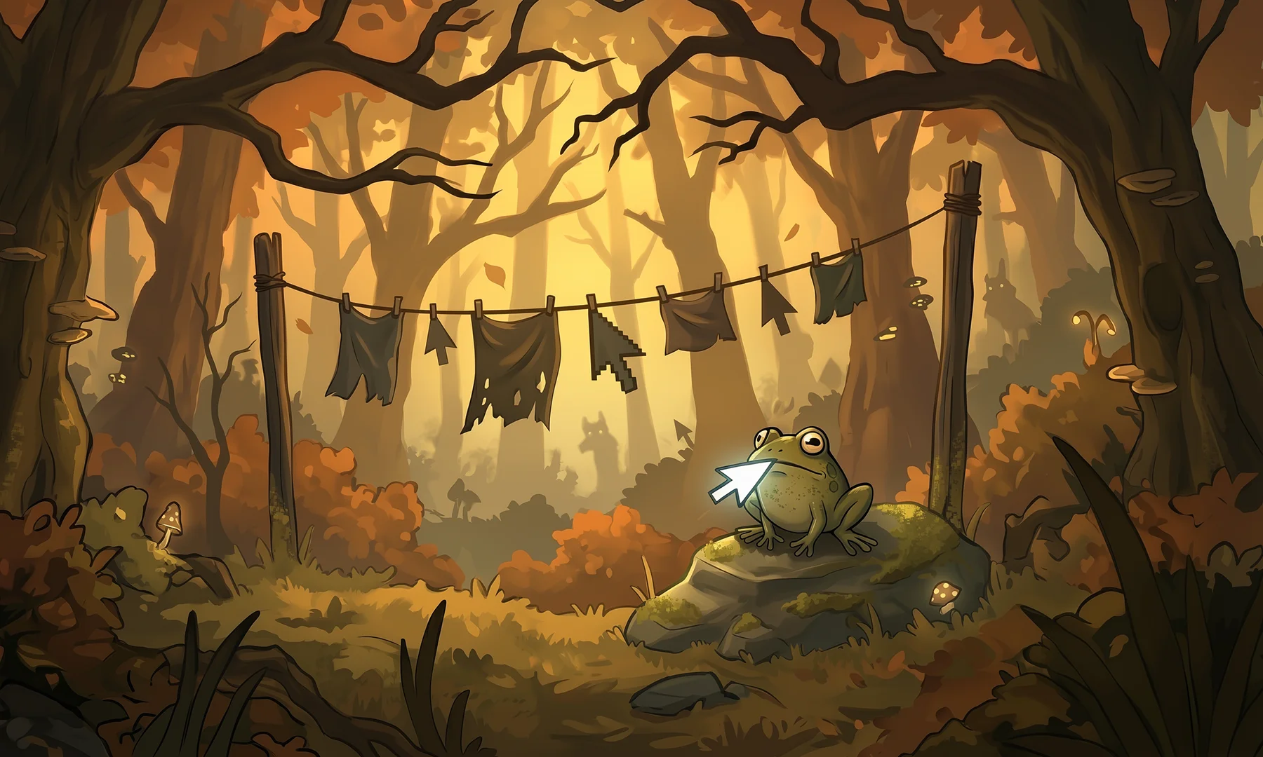 Whimsical autumn forest scene with a frog resting on a mossy rock